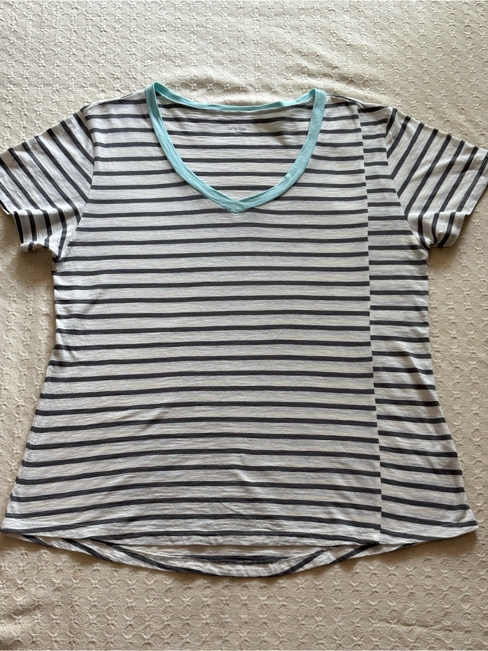 Horny Toad Gray & White Striped V-Neck Tee with Mint Trim